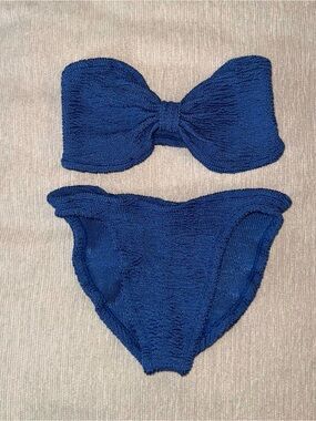 Hunza G Jean Bikini Set Metallic Denim Blue Strapless Bandeau Crinkle Stretchy